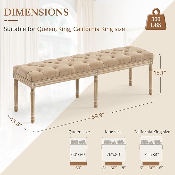 LUE BONA 60" Fabric End of Bed Bench, Upholstered Tufted French Bedroom Bench with Carved Legs for Bedroom End of King Size Bed, Living Room, Wheat