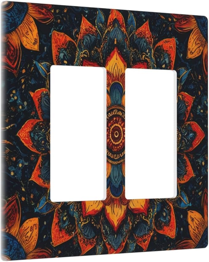 Colorful Oriental Floral Blooming Mandala Flower Outlet Covers Double Rocker Light Switch Covers Decorative 2 Gang Gfci Wall Plate Electrical Receptacle Switchplate Plug Faceplate Bathroom