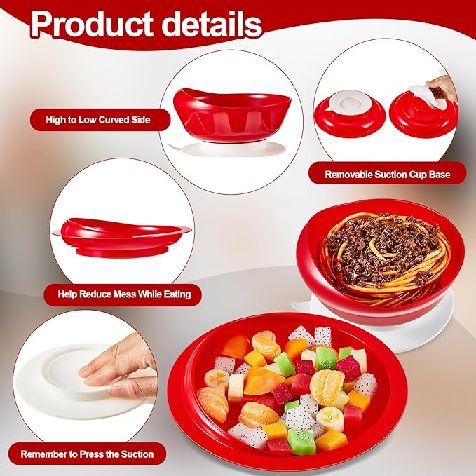 Hushee Adaptive Spill Proof Scoop Bowl and Plate Set with Suction Base Non Skid Self Feed Dinnerware for Elderly Disabled Handicapped from Parkinsons, Dementia, Stroke, Tremor(2 Sets,Red and White)