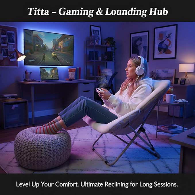 Tiita Comfy Folded Chair, Soft Faux Fur Oversized Folding Accent Chair, Lounge Lazy Chair for Kids Teens Adults, Metal Frame Moon Chair for Bedroom, Living Room, Dorm Rooms