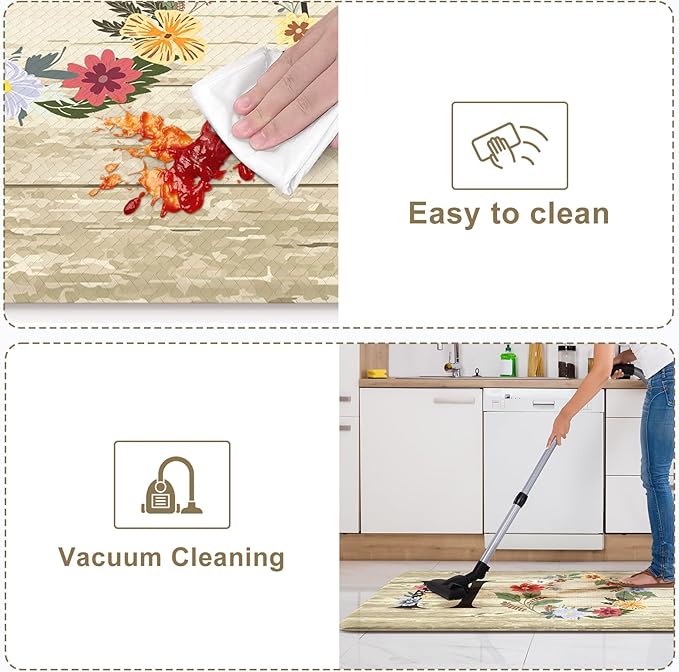 KIMODE Anti Fatigue Kitchen Mats for Floor 2 Piece,Farmhouse Floral Rugs Cushioned,Comfort Memory Foam Carpet Non Slip for Sink Laundry Office Bathroom,Beige 17"x47"+17"x29"