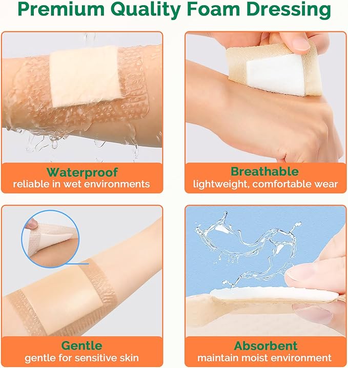 Silicone Foam Dressing 4x4 Inch with Border 10 Packs Adhesive Waterproof Wound Dressing Large Bandages for Wound Care High Absorbency Foam Pad Bandaids