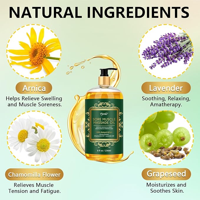 Sore Muscle Massage Oil for Massage Therapy, with Massage Roller Ball & Thumb Saver Massager, Body Massage Oil for Relaxing Joints & Muscles with Arnica, Valentines Day Gifts for Her Him