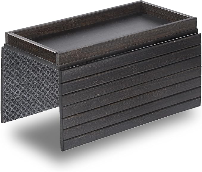 DETOR Sofa Arm Tray with Spacious 12.4" x 5.4" Storage Box, Black-Stained Bamboo Finish, Enhanced Non-Slip Felt Bottom, Sturdy Bamboo Slats, Fits Armrests 6" and Wider