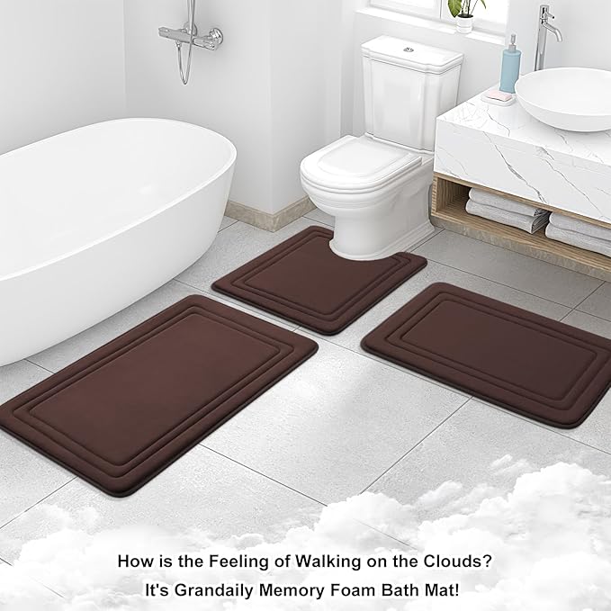 Grandaily Memory Foam Bath Mat Rug 40x32, Ultra Soft, Non-Slip and Absorbent Bathroom Rugs, Machine Wash Dry, Comfortable Bath Carpet for Bathroom Floor, Tub and Shower, Brown