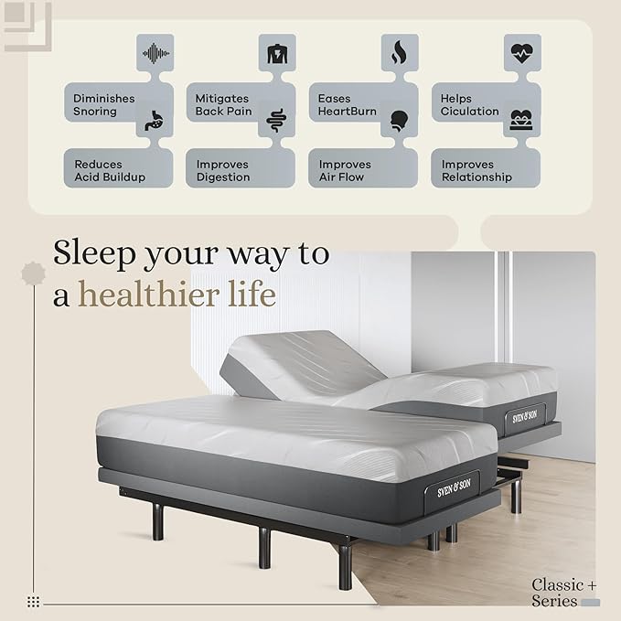 Sven & Son Harmony Adjustable Bed Base, Head and Foot Lift, Massage, Under-Bed Lights, USB, Gel Memory, Zero Gravity Smart Frame - Split King + 12 inch Memory Foam Matt (Medium)