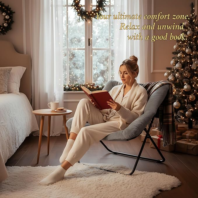 Tiita Comfy Saucer Chair, Soft Faux Fur Oversized Folding Accent Chair, Lounge Lazy Chair for Kids Teens Adults, Metal Frame Moon Chair for Bedroom, Living Room, Dorm Rooms, X-Large, Grey