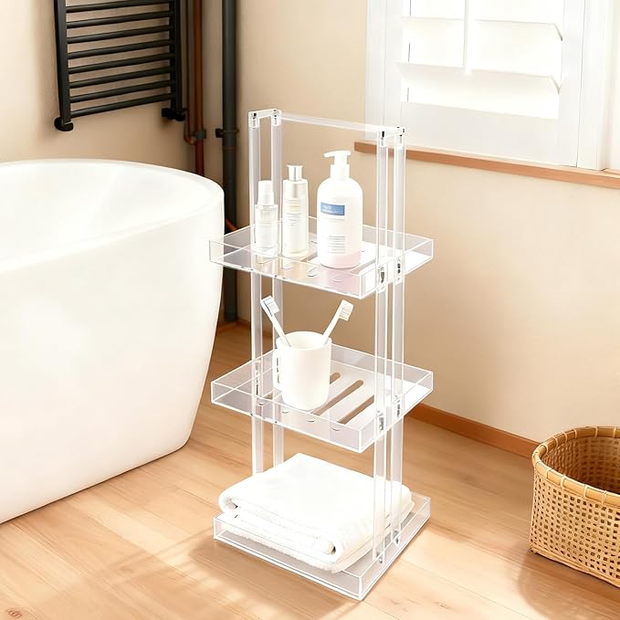 Standing Corner Shower Caddy, 3 Tier Acrylic Shower Shelves Minimalist Shower Organizer for Bathroom Small Space 11'' L X 10'' W X 34.6'' H