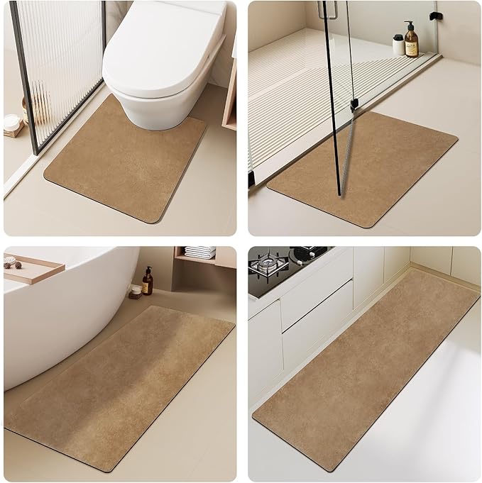 Bathroom Mat Quick Dry, Bathroom Rugs Non Slip Washable Thin Absorbent Bath Mat Fits Under Door Bathroom Floor Mat Perfect for Bath, Shower, or Sink 24"x36" Camel
