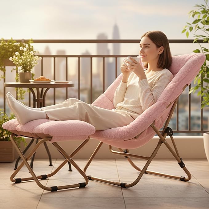 Tiita Folded Chair with Straight Ottoman, Soft Faux Fur Oversized Folding Accent Chair,Lounge Lazy Chair, Metal Frame Moon Chair for Bedroom, Living Room, Dorm Rooms, Garden and Courtyard, Pink