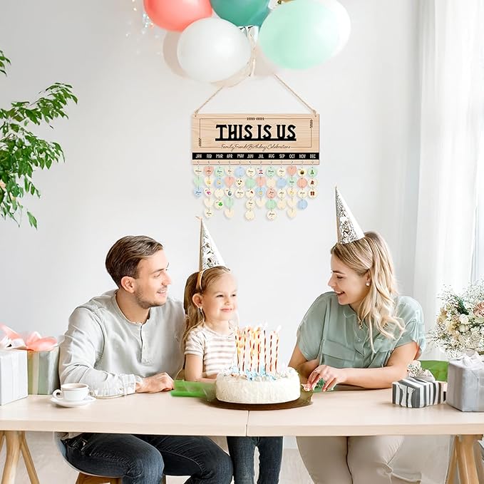 CHDITB Wooden 3D This is Us Birthday Calendar Wall Hanging(16"x6"), Rustic Family Friends Birthday Celebrations Reminder Tracker with Tags, Custom DIY Mother Gifts for Grandma