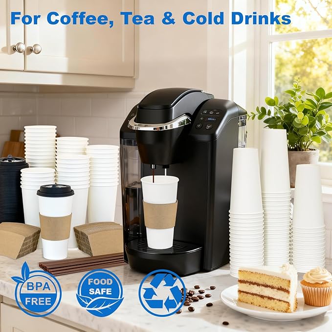 20 oz 500 Pack Coffee Cups with Lids and Sleeves, Straws, Hot Disposable To Go Travel Paper Cups Bulk for Office, Home Coffee Bar Accessories, Chocolate, Cocoa, Beverage (White)