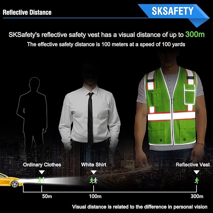 SKSAFETY 10 Pockets Safety Vest, Class 2 High Visibility Security with Zipper Double-sided mesh, Hi Vis Vest with Reflective Strips, ANSI/ISEA Standard, Construction Work Vest （Lime, L）