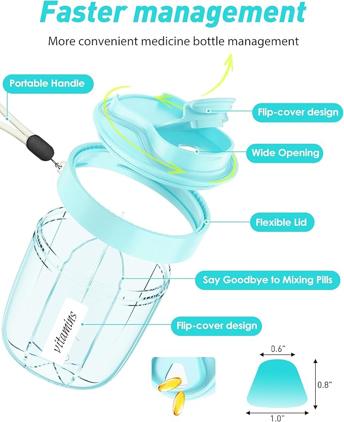 Pill Organizer,Pill Dispenser with 7 Large Compartments,Portable Pill Box for Travel, Anti-Mix Design & Wide Opening Design, Easy Access to Vitamin Dispenser, Includes 20 Blank Stickers（Blue）