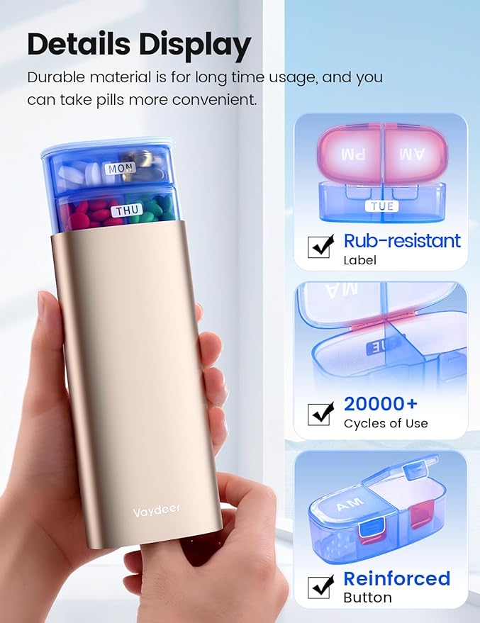 Vaydeer Large Weekly Pill Organizer 2 Times a Day,Metal 7 Day Travel Pill Box with Double Protection,AM PM Pill Case for for Medication, Vitamins, Fish Oils, Supplements(Silver)