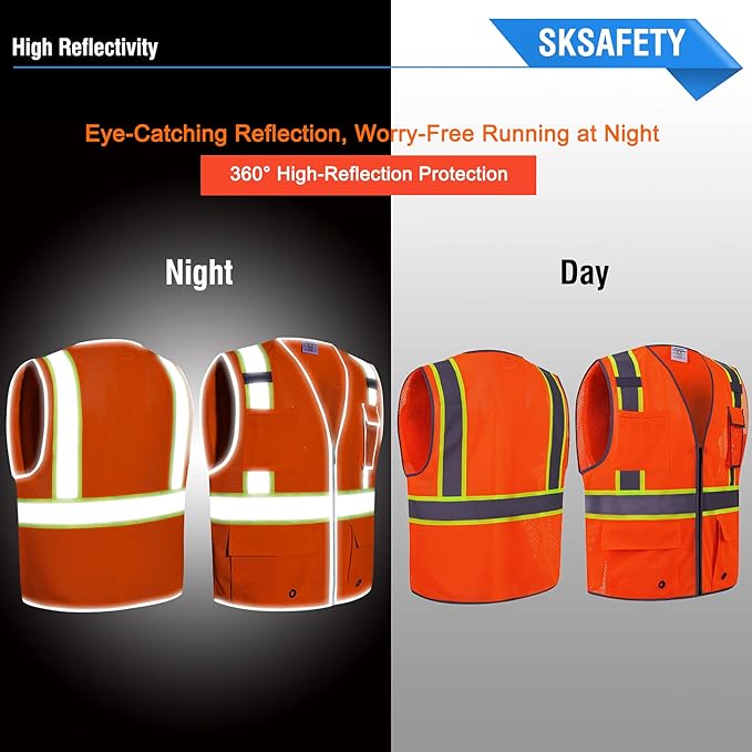 SKSAFETY 10 Pockets Safety Vest, Class 2 High Visibility Security with Zipper Double-sided mesh, Hi Vis Vest with Reflective Strips, ANSI/ISEA Standard, Construction Work Vest （Orange, 4XL）