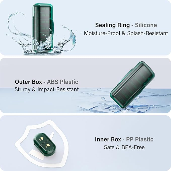 Weekly Pill Organizer 2 Times a Day, Moisture-Proof, Detachable Compartments, AM PM Pill Box 2X 7 Day, Travel Pill Organizer for Pills/Fish Oil/Medication/Vitamin/Supplements (Dark Green)