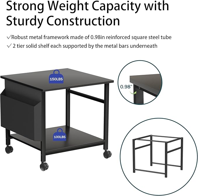 Large Printer Stand, 23.6 x 23.6 Inches Square Printer Stand with Storage Shelf, 2 Tier Printer Table for Home Office, Rolling Printer Cart with Lockable Wheels, Mobile Mini Fridge Stand Table, Black