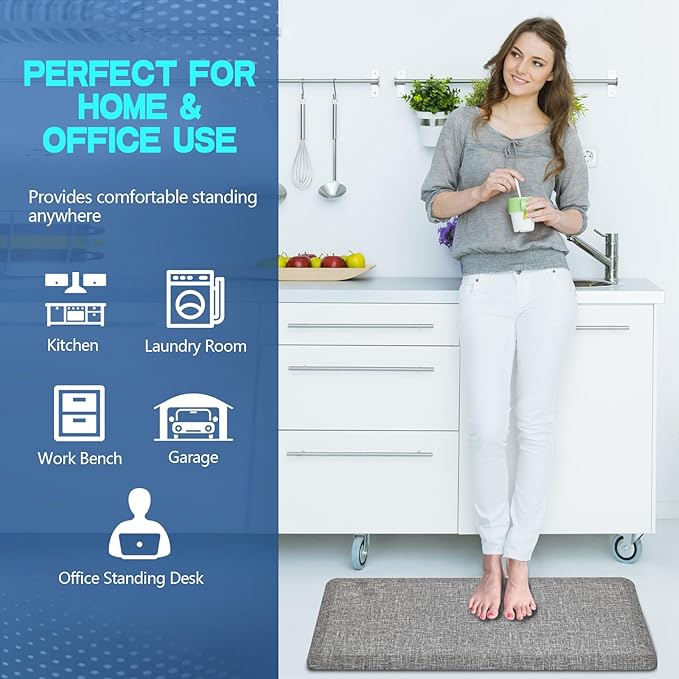 Anti Slip 3/4 inchs Anti Fatigue Kitchen Floor Mat, Ergonomic Comfort Standing Mat, Waterproof Kitchen Runner for Home, Kitchen, Office, Laundry, Garage (Light Gray, 17.3" x 28" -0.75")