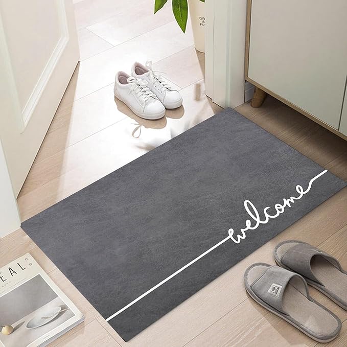 Welcome Mat Indoor, Ultra Thin Door Mat, 1/10 in Thin Door Mats for Inside Entry, Non-Slip, Absorbent, Quick-Dry, Washable, Fit Under Door Entryway Doormat for Entrance, 35"X24", Dark Grey