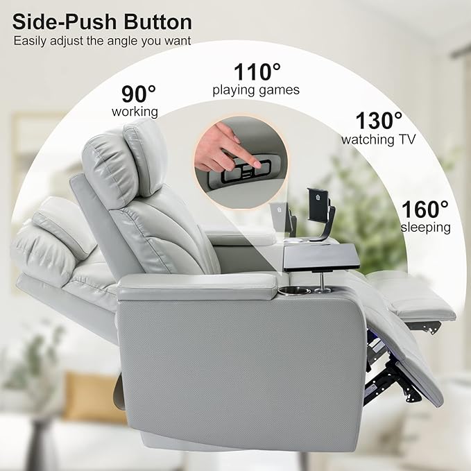 Zero Wall Power Recliner with Bluetooth Speaker & USB Ports - Home Theater Electric Recliner Chair with Cup Holder, Arm Storage, LED Lights, Phone Holder & Removable Tray Table