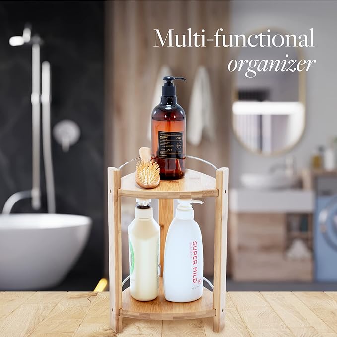 GOBAM Bamboo Shower Corner Caddy, Medium - 2 Tier Bathroom Organizer Countertop for Shampoo, Conditioner, Lotion, Soap - Standing Shower Stand for Kitchen, Bedroom, or Office