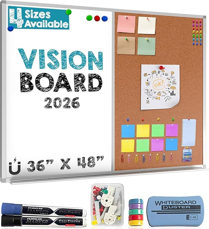 White Board and Cork Board Combo (36x48) Vision Board for 2025 - Half Bulletin Corkboard with Dry Erase Whiteboard Combination for Office or Home, Memo Board