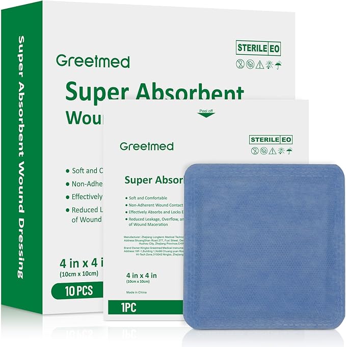 Super Absorbent Wound Dressing 4"x 4" 10 Individual Pack Fast Healing Wound Care Non Stick Bandages Gauze Pads for Surgical Ulcer High Exudating Wounds Burns Lacerations