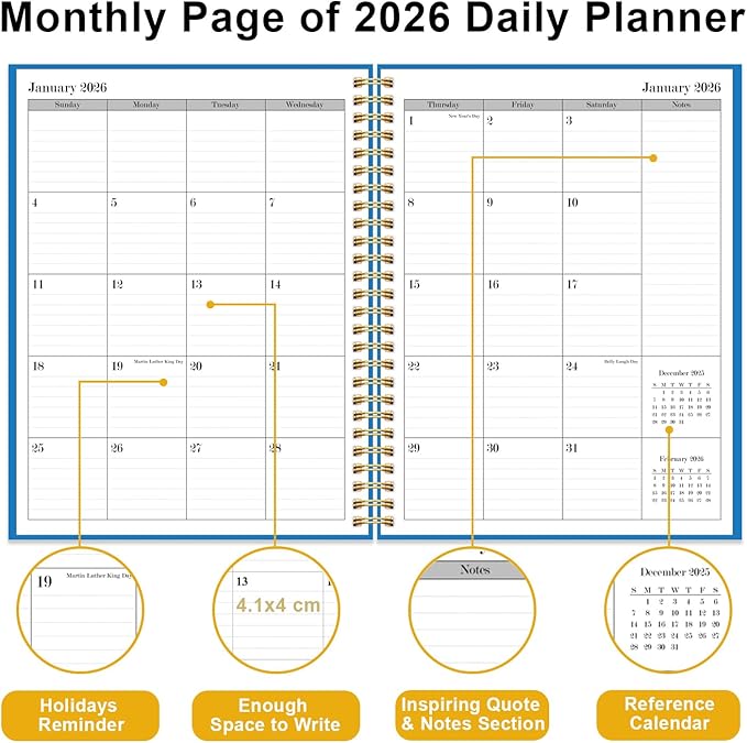Daily Planner 2026 - Full Page Per Day, Jan 2026 to Dec 2026, 2026 Daily Planner with Spiral Bound, Inner Pocket, Perfect for School Office Supplies, 7'' x 10'', Blue