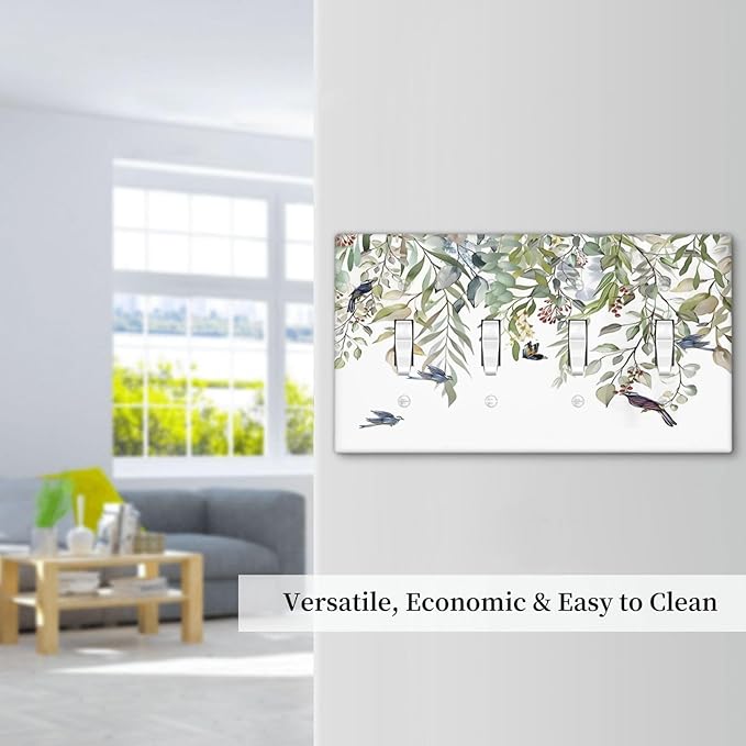 Green Leaf Eucalyptus Leaves Floral Bird Butterfly Light Switch Covers Quad Toggle Electrical Faceplate 4 Gang Wall Plate Decorative Switch Plates for Bed Room Living Room Decor