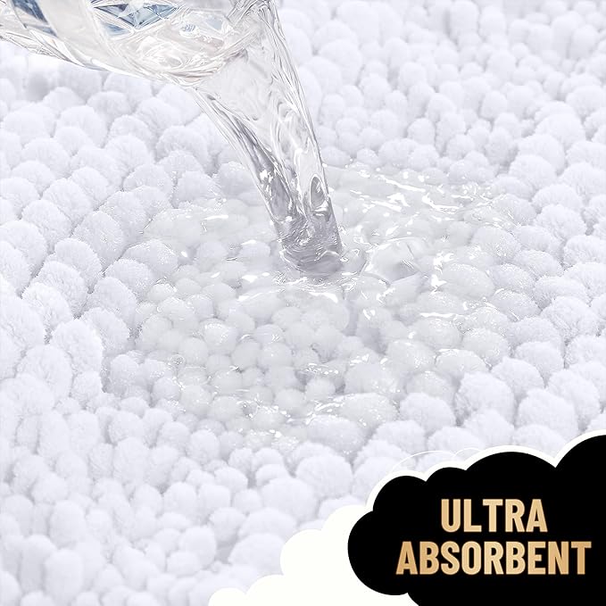 OLANLY Thick Bathroom Rugs 44x24, Extra Soft Absorbent Chenille Striped Bath Rugs, Rubber Backing, Machine Wash Dry, Bath Mats for Bathroom Floor, Tub and Shower, Home Decor Accessories, White