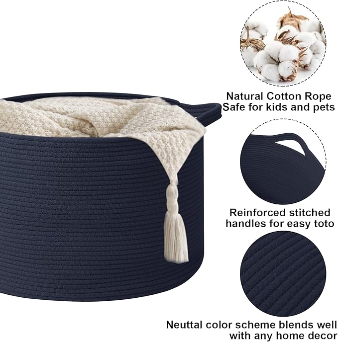 Large Storage Basket with Handle,23.6" x 23.6" x 15.7" Blanket Basket Storage Bins for Organizing,65L Cotton Rope Woven Baskets for Living Room, Nursery,Bedroom,Dark Blue