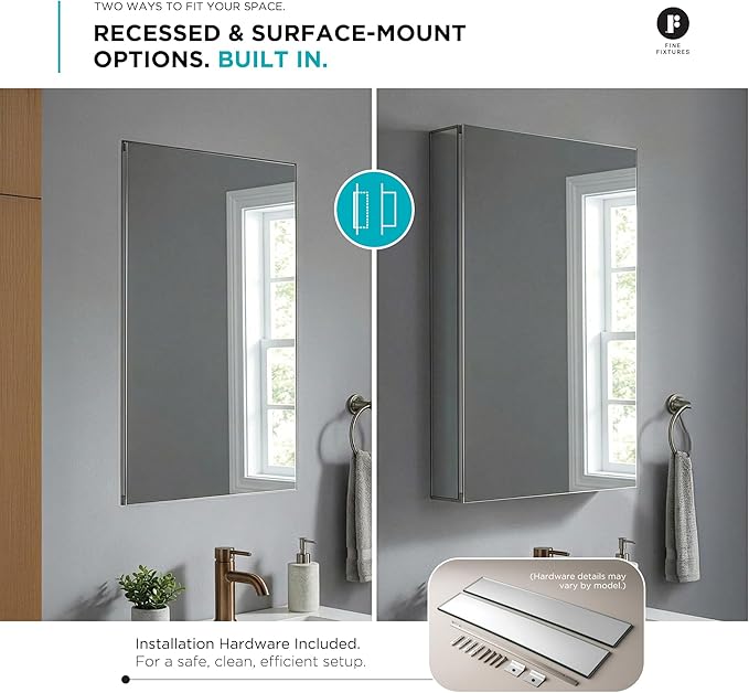 Fine Fixtures Bathroom Medicine Cabinet, Aluminum, Recessed/Surface Mount, 30" x 36", Right/Left Hinged, Mirrored Interior