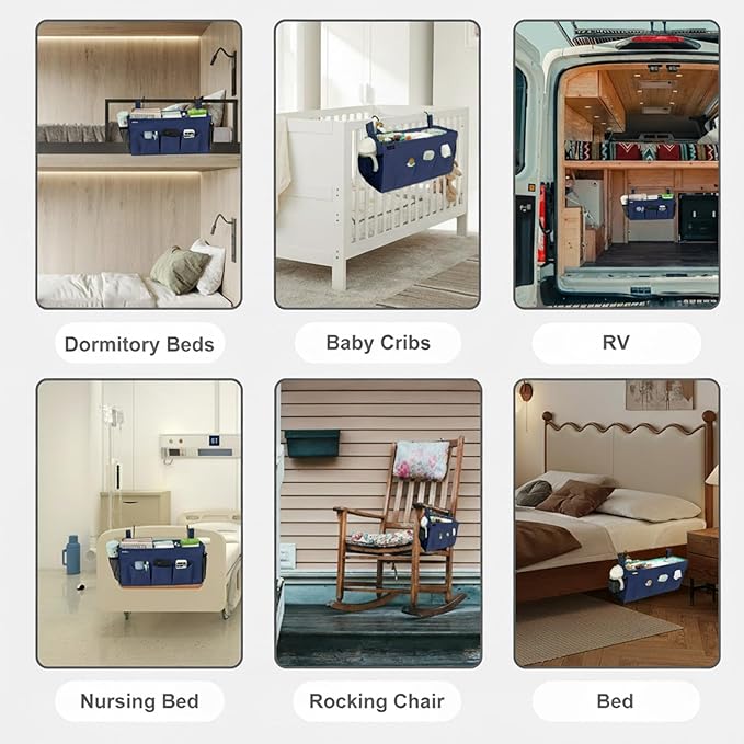 Surblue Bedside Organizer with Hook Bedside Caddy Hanging Storage Bag with Adjustable Straps and Water Bottle Holder for Home College Dorm Bunk Bed Accessories, Crib Bed Rails, Hospital Bed,Navy,2PCS