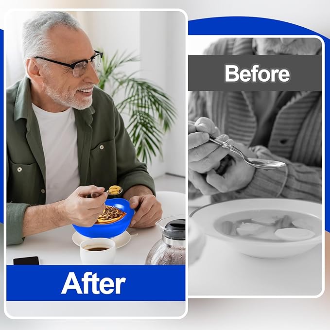 Hushee Adaptive Spill Proof Scoop Bowl and Plate Set with Suction Base Non Skid Self Feed Dinnerware for Elderly Disabled Handicapped from Parkinsons, Dementia, Stroke, Tremor(2 Sets,Blue)