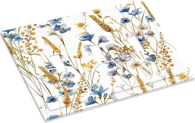 Vintage Wildflower Blue Gold Country Fall Wheat Floral Decorative Switch Plates 3 Gang Wall Plate Triple Toggle Light Switch Cover Faceplate Electrical Wall Panels for Bedroom Living Room Decor