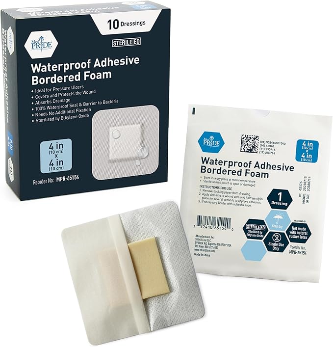 MED PRIDE Sterile Waterproof Silicone Foam Dressing with Adhesive Border, Absorbent Bandage, Protects Against Infection (4x4 Inch (Pack of 10))