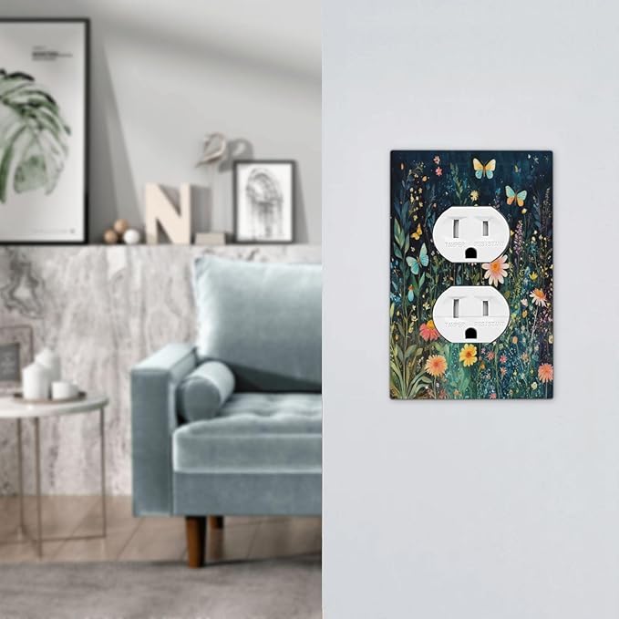 Outlet Covers Boho Vintage Floral Flower Butterfly 1 Gang Duplex Wall Plate Decorative Switch Plates Electrical Receptacle Faceplate Light Switch Cover for Bedroom Home Decor