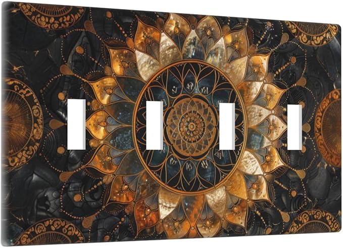 Cool Colorful Mandal Flowers Boho Floral Light Switch Covers Quad Toggle Electrical Faceplate 4 Gang Wall Plate Decorative Switch Plates for Bed Room Living Room Decor