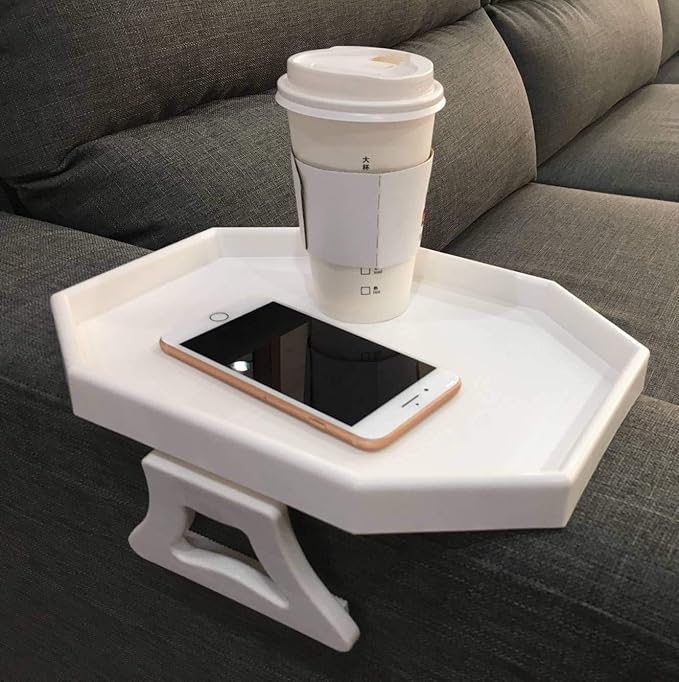 NHD Sofa Armrest Clip Table – No-Slip Couch Tray for Drinks, Snacks, Remote – Adjustable Armchair Table for Living Room, Bedroom, Dorm – Fits Most Armrests (White)