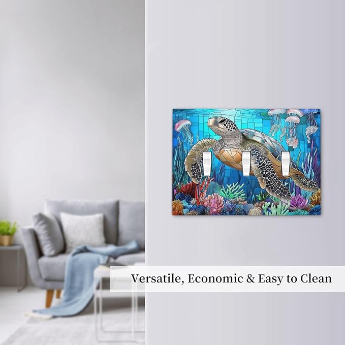 Decorative Switch Plates Nautical Sea Turtle Coral Jellyfish 3 Gang Wall Plate Triple Toggle Light Switch Cover Faceplate Electrical Wall Panels For Kids Room Nursery Decor