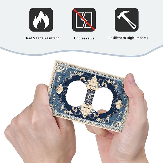Outlet Covers Boho Beige Navy Blue Medallion Decorative 1 Gang Duplex Light Switch Cover Plate Receptacle Wall Plate Electrical Switch Plate Covers for Country Bathroom Bedroom Decor