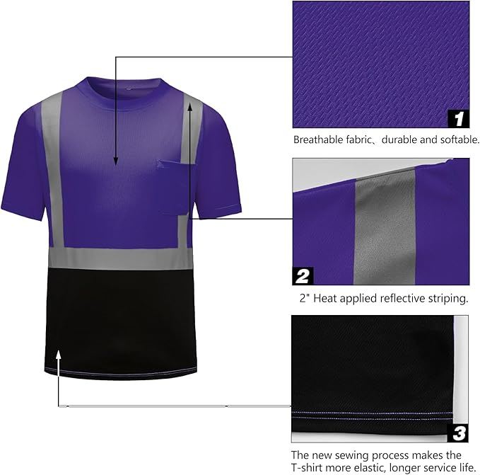 High Visibility Shirts Quick Dry Safety T Shirts with Reflective Strips and Pocket Short Sleeve Mesh Hi Vis Construction Work Class 2 Shirt for Men/Women Black Bottom Purple,6XL