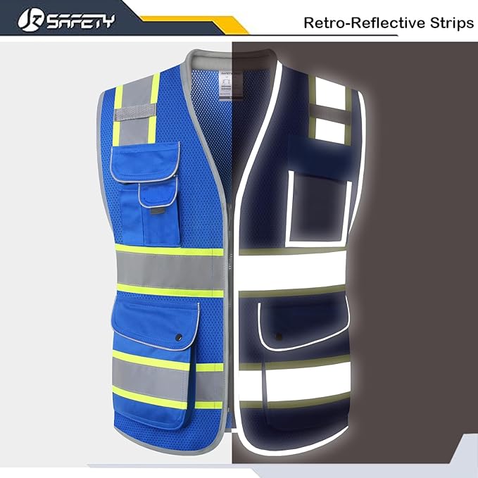 JKSafety 9 Pockets Hi-Vis Safety Vest Breathable Mesh Fabric Cushioned Collar Work Utility PPE Lightweight Industrial Work Gear ANSI/ISEA compliant (101-Blue 3XL)