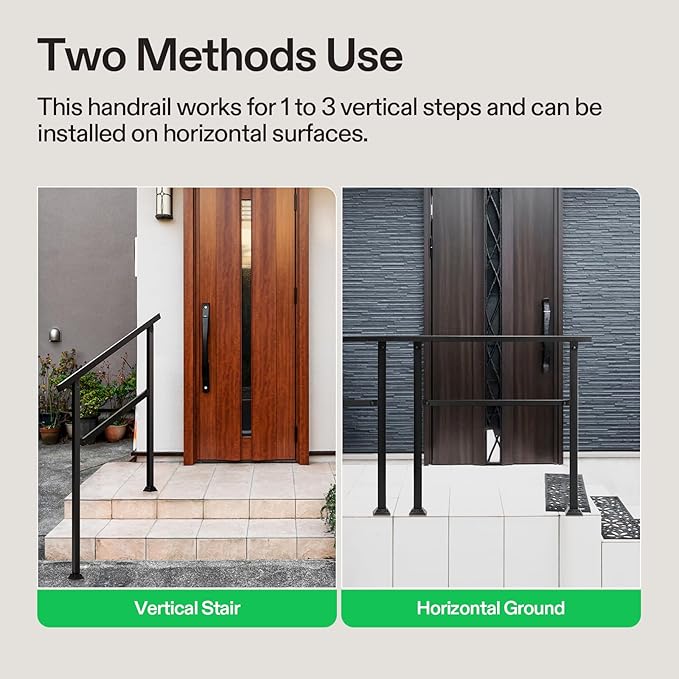 VIVOSUN Outdoor Handrail, 3 Step Stair Handrail, 40" x 36" Fits 1 to 3 Steps, Wrought Mattle Iron Handrail for Concrete Steps, Porch Steps, One-Step Assembly, Black