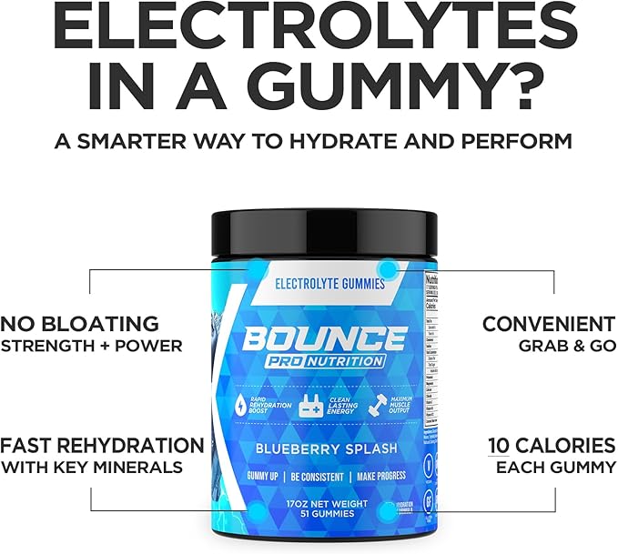 Bounce Pro Hydration Electrolyte Gummies – 51 Vegan Chewable Gummies with Sodium, Potassium & Magnesium for Running, Workouts & Endurance – No Sugar, Caffeine Free Electrolyte Chews, Blueberry Splash