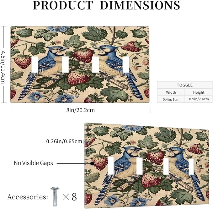 Light Switch Covers Vintage Floral Bird Strawberry Thief William Morris Quad Toggle Electrical Faceplate 4 Gang Wall Plate Decorative Switch Plates for Bedroom Home Decor