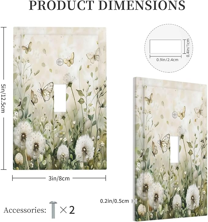 Dandelions Butterflies Watercolor Wildflowers Floral Decorative Light Switch Cover 1 Gang Single Toggle Device Electrical Faceplate Switchplates Decorator Outlet Wall Plate for Bedroom Living Room