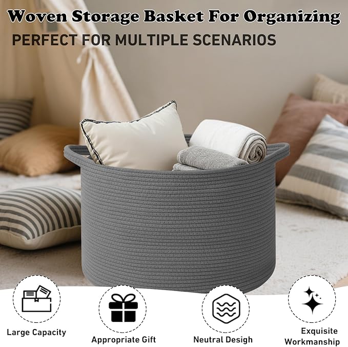 Large Storage Basket with Handle,23.6" x 23.6" x 15.7" Blanket Basket Storage Bins for Organizing,65L Cotton Rope Woven Baskets for Living Room, Nursery ,Bedroom,Dark Gry