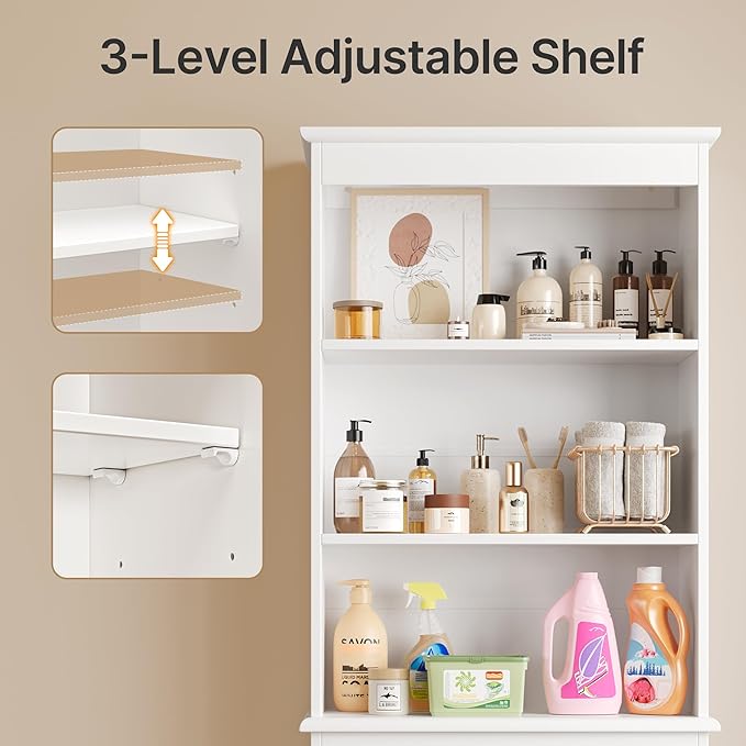 Gizoon Over The Toilet Storage Cabinet, Over Toilet Bathroom Organizer, Bathroom Storage Cabinet with Adjustable Shelf, Anti-Tip Device, Freestanding Space Saver Over The Toilet Shelf, White